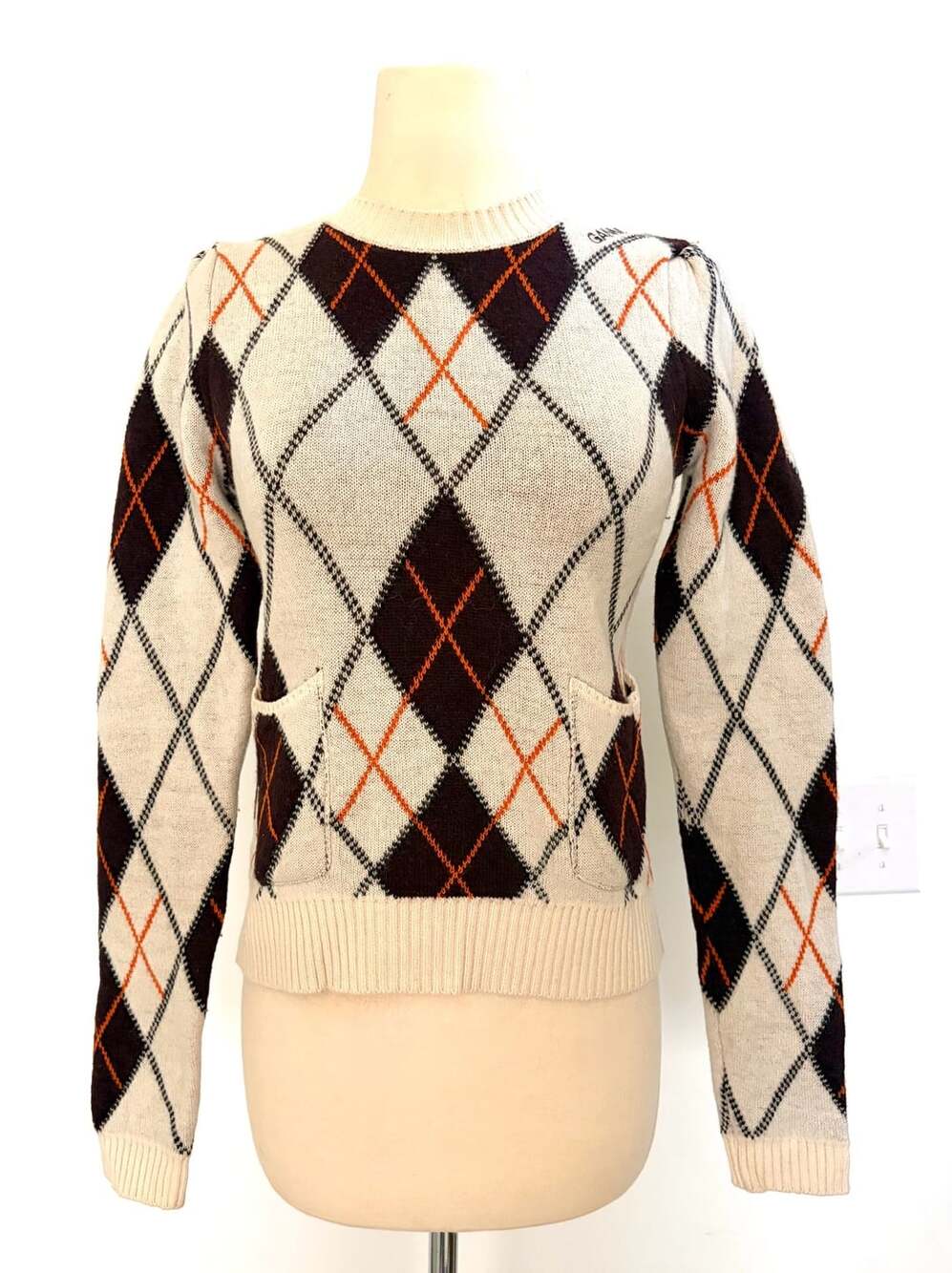 GANNI Argyle Wool Cropped Sweater with Pockets Brown Off White Orange SZ SM